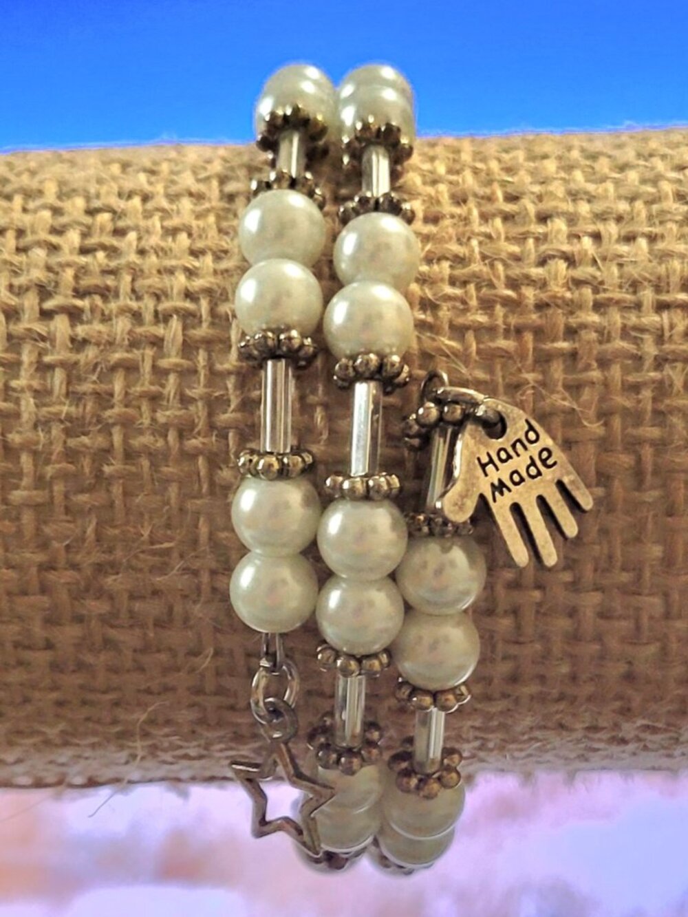 White Beads with Decorative Gold Dividers Clear Separators Wrist Wrap